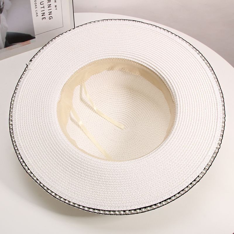 New French Style Wide Brim Straw Sun Hat with Pearl Trim